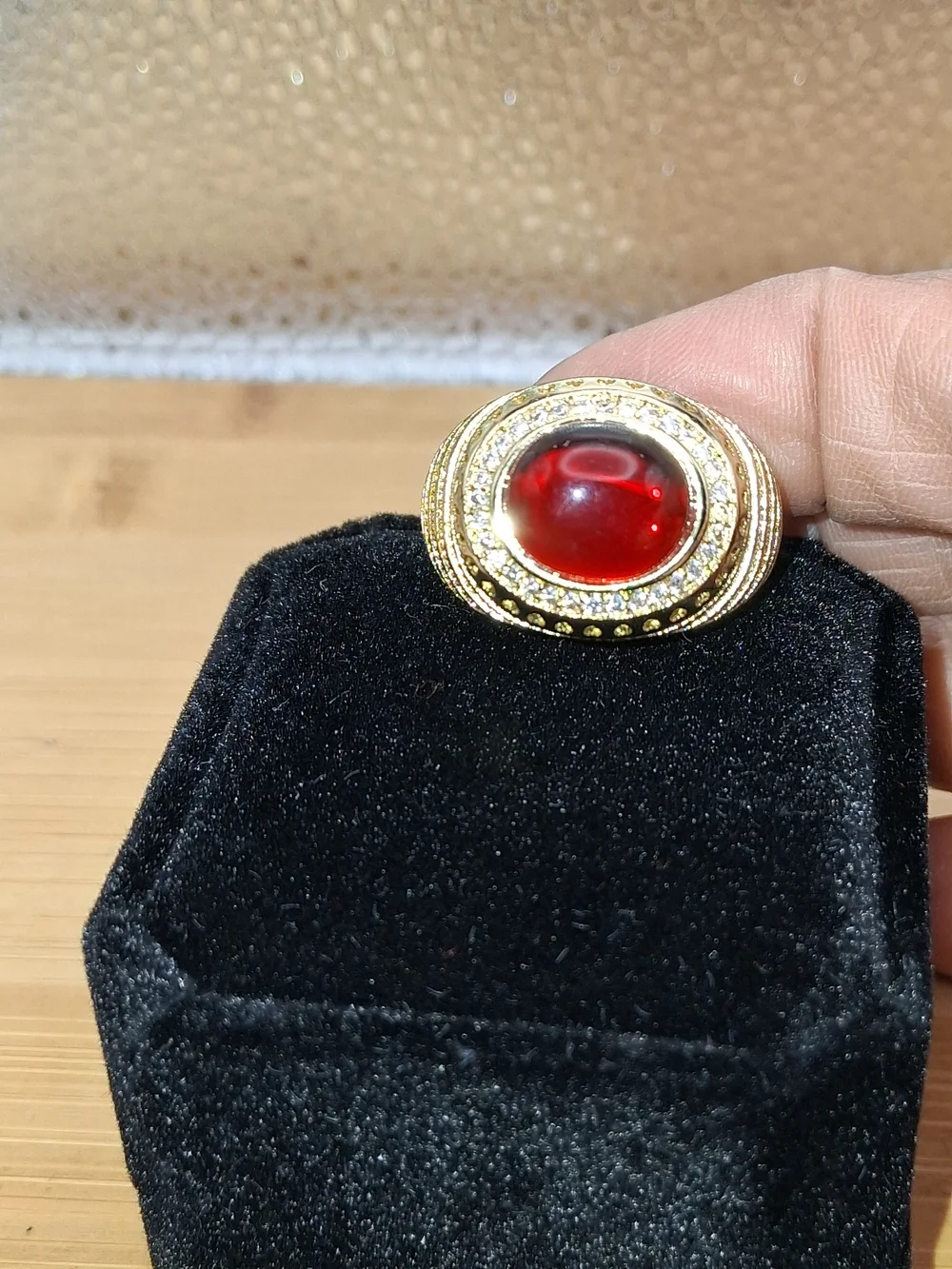 Gold-Tone Red Cabochon Cocktail Ring